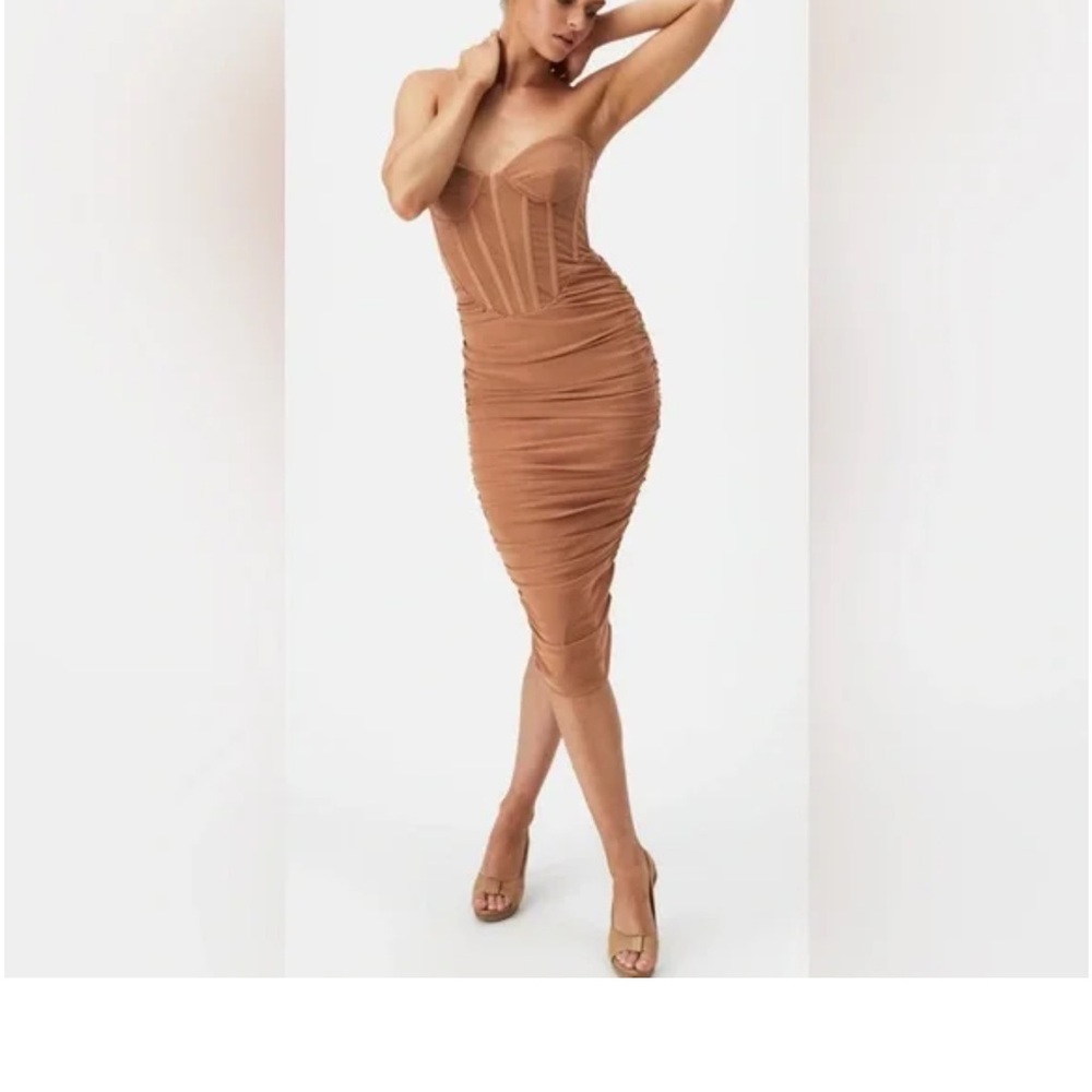 Bardot Brown Strapless Ruched Bodycon Dress